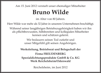 Traueranzeige von Bruno Wilde von Odenwälder Echo