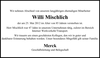 Traueranzeige von Willi Mischlich von Echo-Zeitungen (Gesamtausgabe)