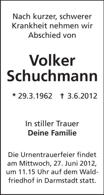 Traueranzeige von Volker Schuchmann von Echo-Zeitungen (Gesamtausgabe)