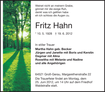 Traueranzeige von Fritz Hahn von Rüsselsheimer Echo, Groß-Gerauer-Echo, Ried Echo
