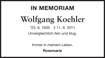 Traueranzeige von Wolfgang Koehler von Echo-Zeitungen (Gesamtausgabe)