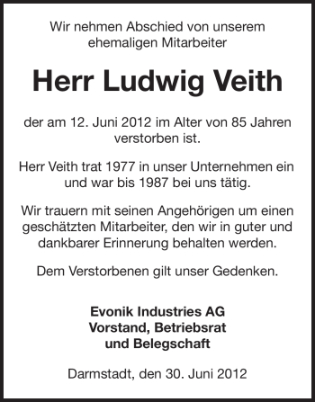 Traueranzeige von Ludwig Veith von Echo-Zeitungen (Gesamtausgabe)