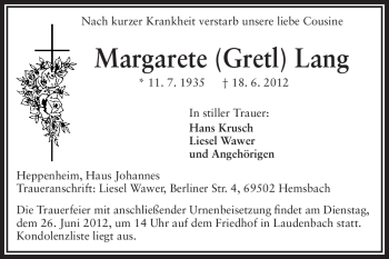 Traueranzeige von Margarete Lang von Starkenburger Echo