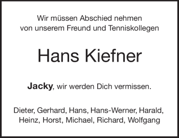 Traueranzeige von Johann Kiefner von Echo-Zeitungen (Gesamtausgabe)