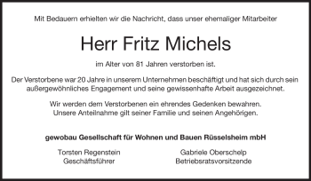 Traueranzeige von Fritz Michels von Rüsselsheimer Echo, Groß-Gerauer-Echo, Ried Echo