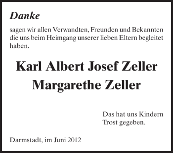 Traueranzeige von Karl Albert Josef und Margarethe Zeller von Echo-Zeitungen (Gesamtausgabe)