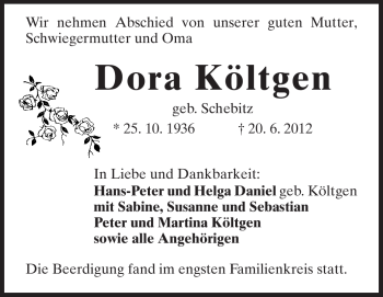 Traueranzeige von Dora Költgen von Echo-Zeitungen (Gesamtausgabe)