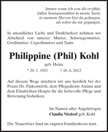 Traueranzeige von Philippine Kohl von Darmstädter Echo, Odenwälder Echo, Rüsselsheimer Echo, Groß-Gerauer-Echo, Ried Echo