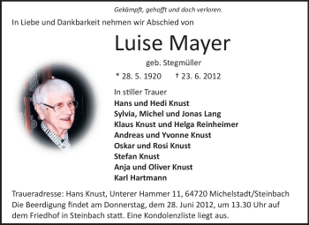 Traueranzeige von Luise Mayer von Odenwälder Echo