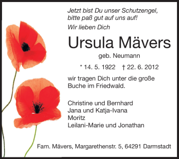 Traueranzeige von Ursula Mävers von Echo-Zeitungen (Gesamtausgabe)