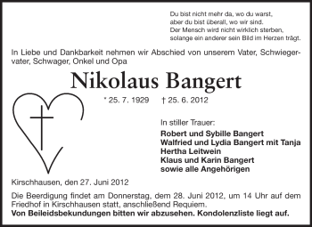 Traueranzeige von Nikolaus Bangert von Starkenburger Echo
