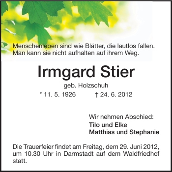 Traueranzeige von Irmgard Stier von Echo-Zeitungen (Gesamtausgabe)