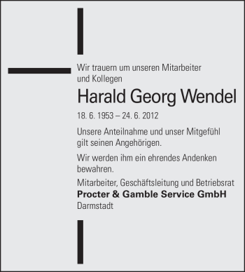 Traueranzeige von Harald Georg Wendel von Echo-Zeitungen (Gesamtausgabe)