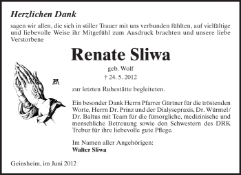 Traueranzeige von Renate Sliwa von Rüsselsheimer Echo, Groß-Gerauer-Echo, Ried Echo