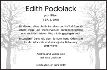 Traueranzeige von Edith Podolack von Odenwälder Echo