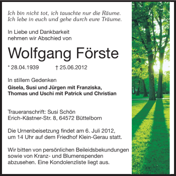 Traueranzeige von Wolfgang Förste von Rüsselsheimer Echo, Groß-Gerauer-Echo, Ried Echo