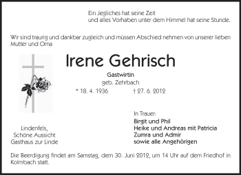 Traueranzeige von Irene Gehrisch von Echo-Zeitungen (Gesamtausgabe)