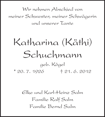 Traueranzeige von Katharina Schuchmann von Echo-Zeitungen (Gesamtausgabe)