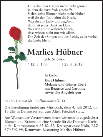 Traueranzeige von Marlies Hübner von Darmstädter Echo, Odenwälder Echo, Rüsselsheimer Echo, Groß-Gerauer-Echo, Ried Echo