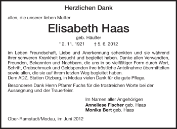 Traueranzeige von Elisabeth Haas von Echo-Zeitungen (Gesamtausgabe)