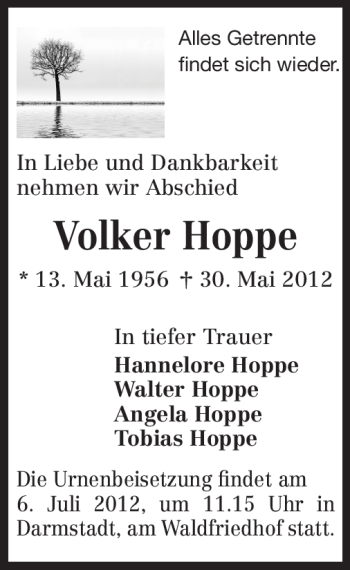 Traueranzeige von Volker Hoppe von Echo-Zeitungen (Gesamtausgabe)