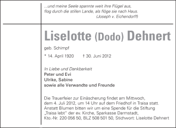 Traueranzeige von Liselotte Dehnert von Echo-Zeitungen (Gesamtausgabe)