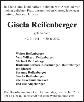 Traueranzeige von Gisela Reifenberger von Darmstädter Echo, Odenwälder Echo, Rüsselsheimer Echo, Groß-Gerauer-Echo, Ried Echo