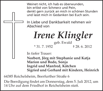 Traueranzeige von Irene Klingler von Odenwälder Echo