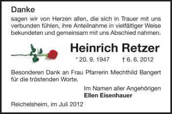 Traueranzeige von Heinrich Retzer von Odenwälder Echo