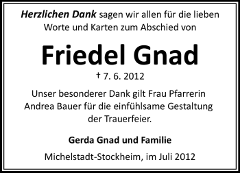 Traueranzeige von Friedel Gnad von Echo-Zeitungen (Gesamtausgabe)