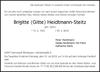 Traueranzeige von Brigitte Heidtmann-Steitz von Echo-Zeitungen (Gesamtausgabe)