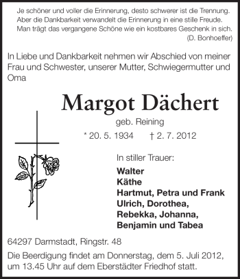Traueranzeige von Margot Dächert von Echo-Zeitungen (Gesamtausgabe)