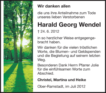 Traueranzeige von Harald Georg Wendel von Darmstädter Echo, Odenwälder Echo, Rüsselsheimer Echo, Groß-Gerauer-Echo, Ried Echo