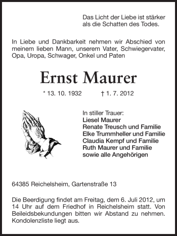 Traueranzeige von Ernst Maurer von Odenwälder Echo
