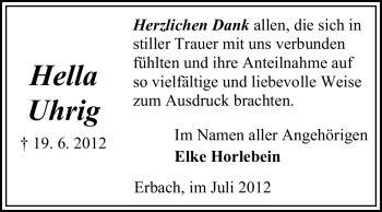 Traueranzeige von Hella Uhrig von Odenwälder Echo