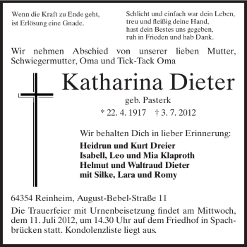 Traueranzeige von Katharina Dieter  von Echo-Zeitungen (Gesamtausgabe)