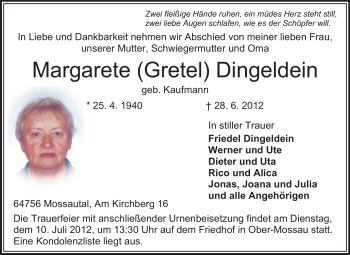 Traueranzeige von Margarete Dingeldein von Odenwälder Echo