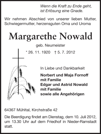 Traueranzeige von Margarethe Nowald von Echo-Zeitungen (Gesamtausgabe)