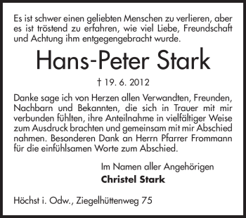 Traueranzeige von Hans-Peter Stark von Darmstädter Echo, Odenwälder Echo, Rüsselsheimer Echo, Groß-Gerauer-Echo, Ried Echo