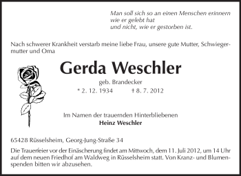 Traueranzeige von Gerda Weschler von Rüsselsheimer Echo, Groß-Gerauer-Echo, Ried Echo