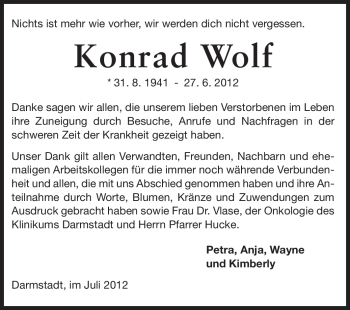 Traueranzeige von Konrad Wolf von Darmstädter Echo, Odenwälder Echo, Rüsselsheimer Echo, Groß-Gerauer-Echo, Ried Echo
