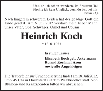 Traueranzeige von Heinrich Koch von Echo-Zeitungen (Gesamtausgabe)