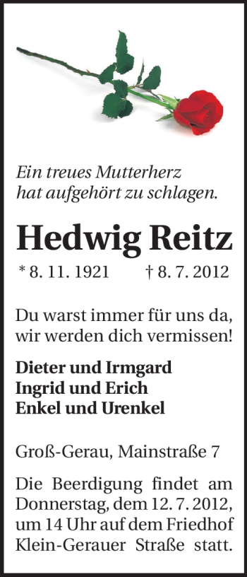 Traueranzeige von Hedwig Reitz von Rüsselsheimer Echo, Groß-Gerauer-Echo, Ried Echo