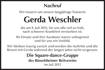 Traueranzeige von Gerda Weschler von Rüsselsheimer Echo, Groß-Gerauer-Echo, Ried Echo