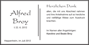Traueranzeige von Alfred Broy von Starkenburger Echo