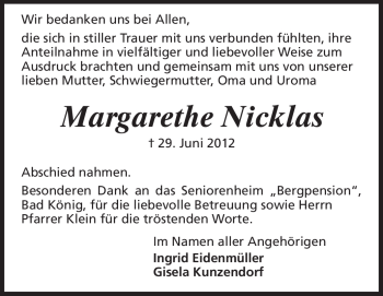 Traueranzeige von Margarethe Nicklas von Odenwälder Echo