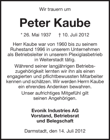 Traueranzeige von Peter Kaube von Echo-Zeitungen (Gesamtausgabe)