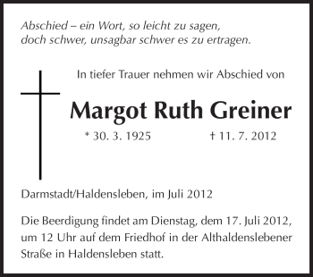 Traueranzeige von Margot Ruth Greiner von Echo-Zeitungen (Gesamtausgabe)