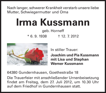 Traueranzeige von Irma Kussmann von Echo-Zeitungen (Gesamtausgabe)