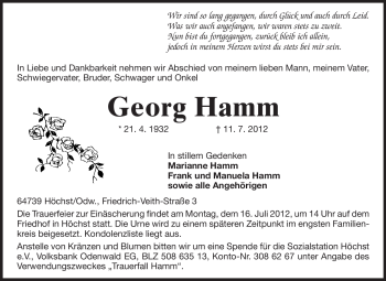 Traueranzeige von Georg Hamm von Odenwälder Echo